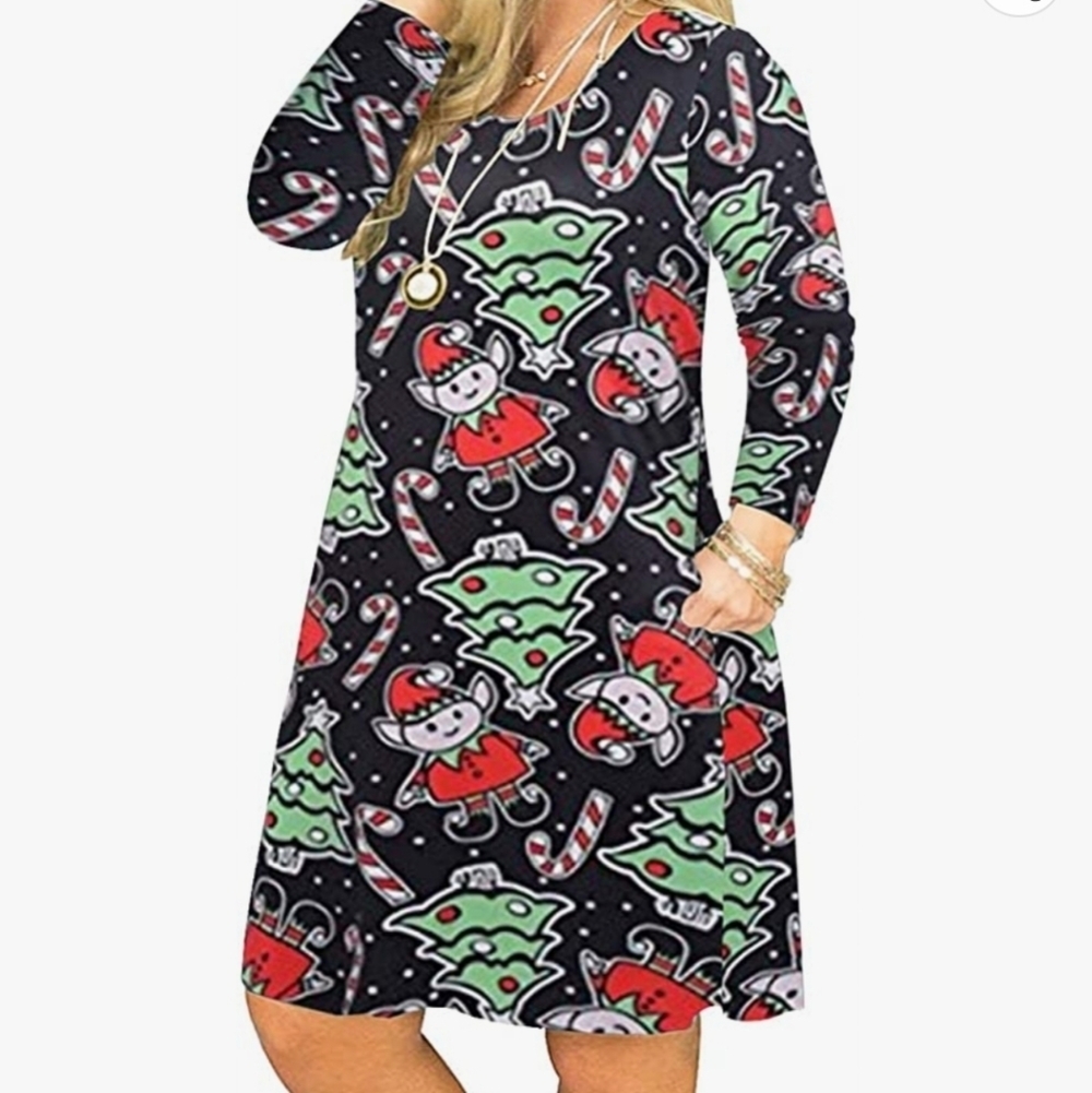 VISLILY Plus Size Christmas Print Casual Swing T-Shirt Dress with Pocket SZ 18W